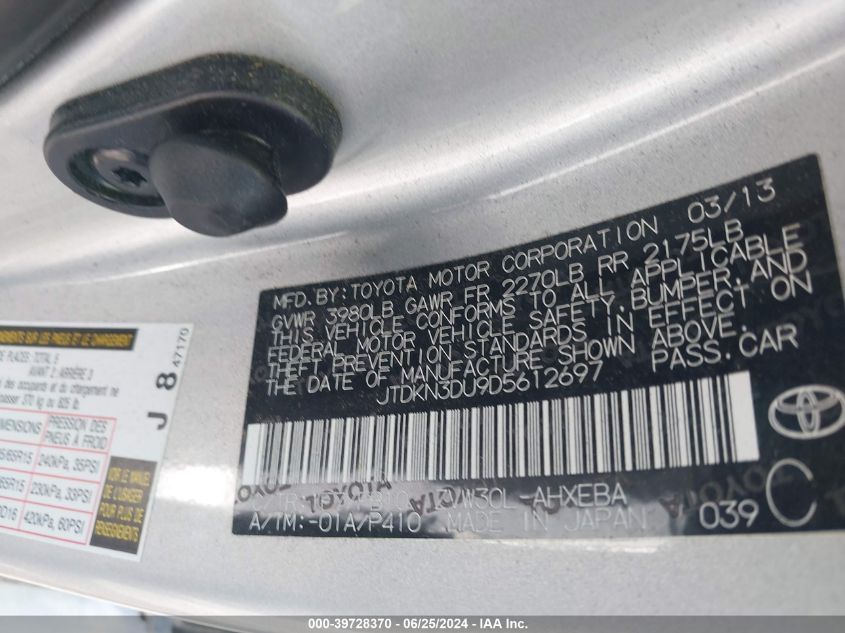 2013 Toyota Prius VIN: JTDKN3DU9D5612697 Lot: 39728370