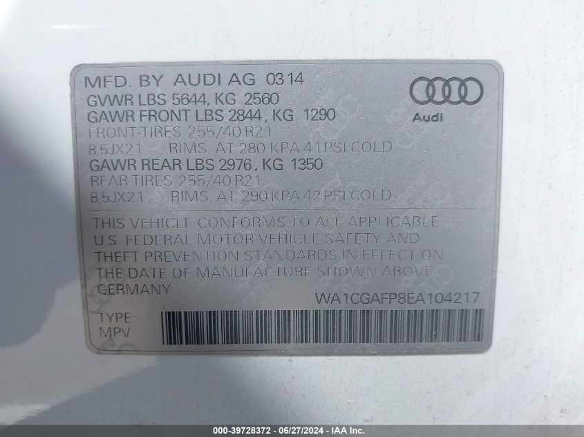 2014 Audi Sq5 Premium Plus VIN: WA1CGAFP8EA104217 Lot: 39728372