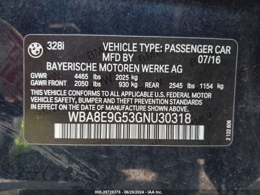 2016 BMW 328I VIN: WBA8E9G53GNU30318 Lot: 39728378
