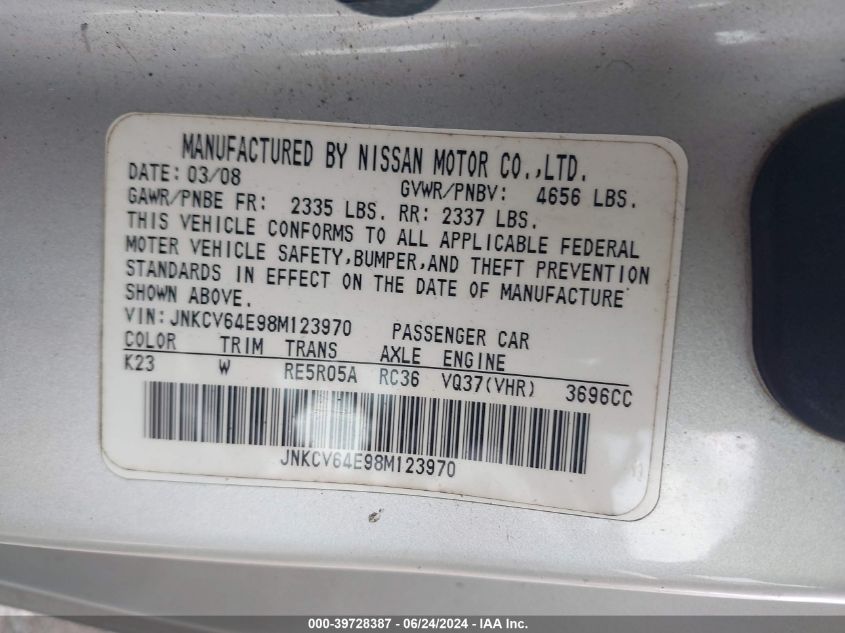 2008 Infiniti G37 Journey VIN: JNKCV64E98M123970 Lot: 39728387