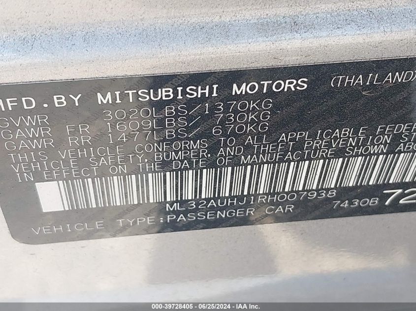 2024 Mitsubishi Mirage Es/Le VIN: ML32AUHJ1RH007938 Lot: 39728405