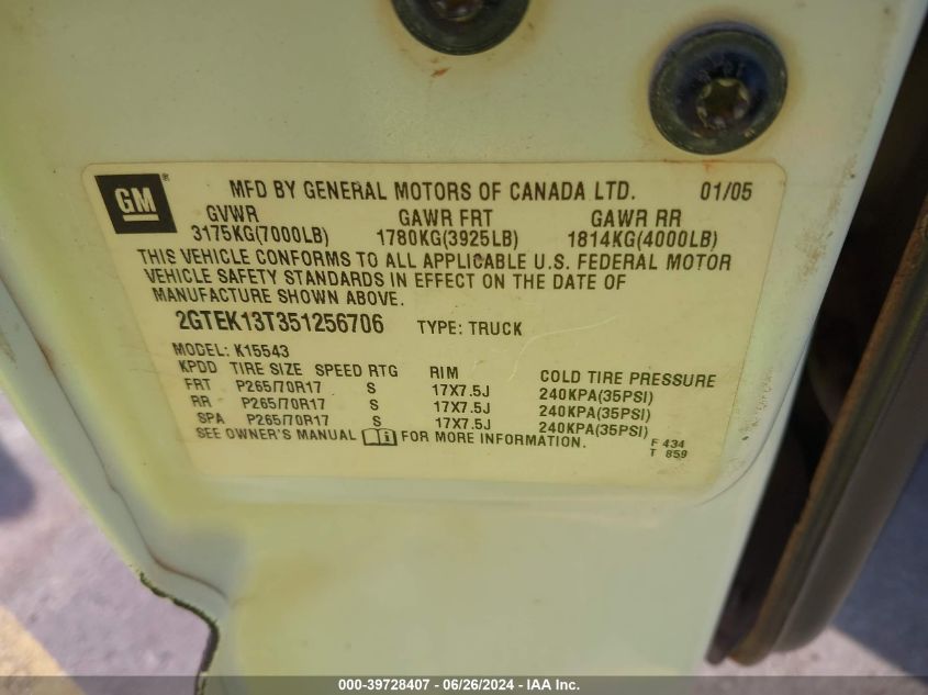 2005 GMC Sierra 1500 Slt VIN: 2GTEK13T351256706 Lot: 39728407
