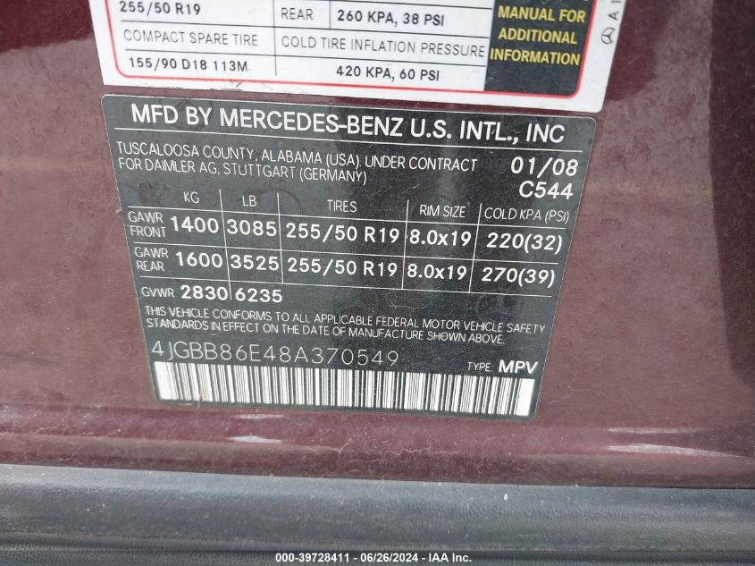 2008 Mercedes-Benz Ml 350 4Matic VIN: 4JGBB86E48A370549 Lot: 39728411
