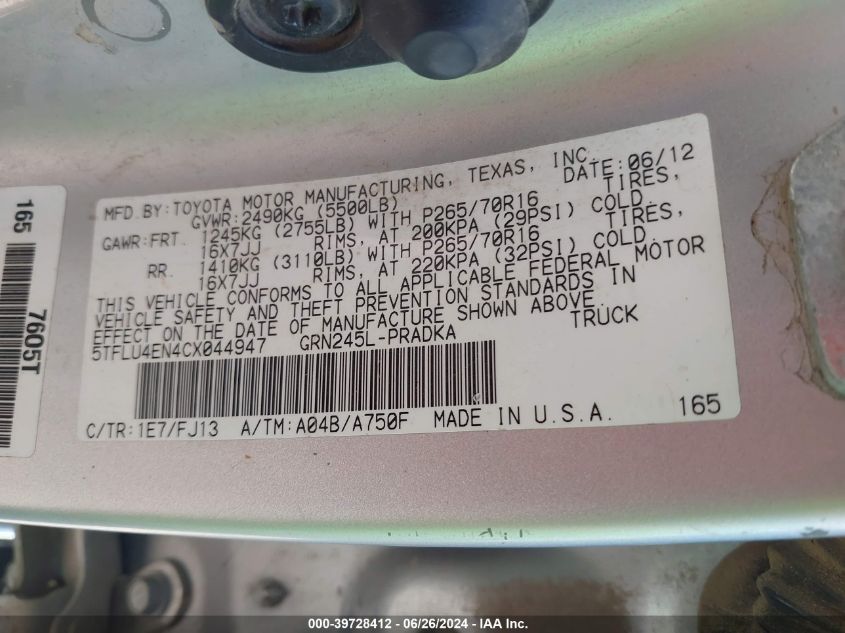 2012 Toyota Tacoma Base V6 VIN: 5TFLU4EN4CX044947 Lot: 39728412