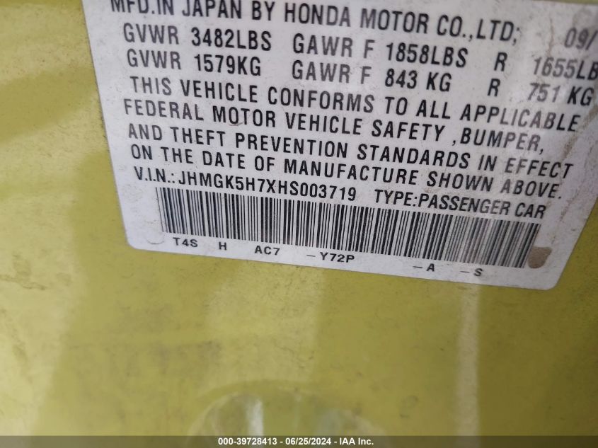 2017 Honda Fit Ex VIN: JHMGK5H7XHS003719 Lot: 39728413