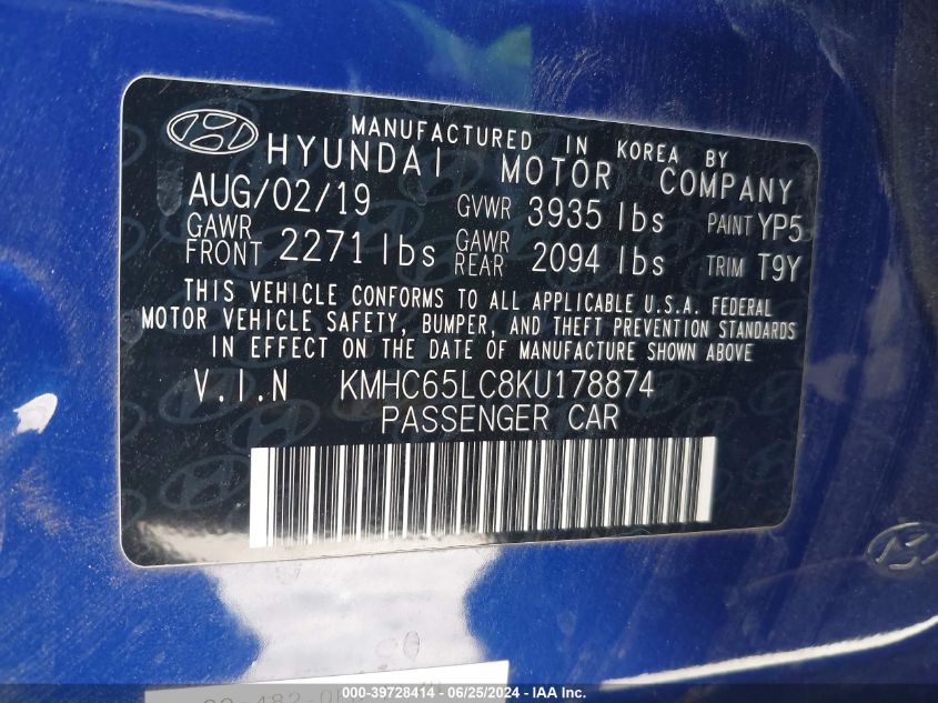 2019 Hyundai Ioniq Hybrid Blue VIN: KMHC65LC8KU178874 Lot: 39728414