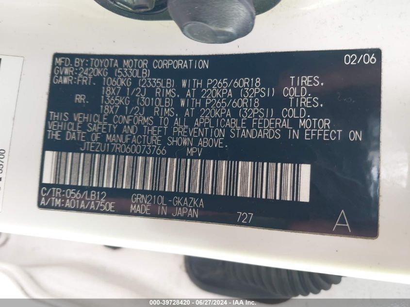 2006 Toyota 4Runner Limited V6 VIN: JTEZU17R060073766 Lot: 39728420