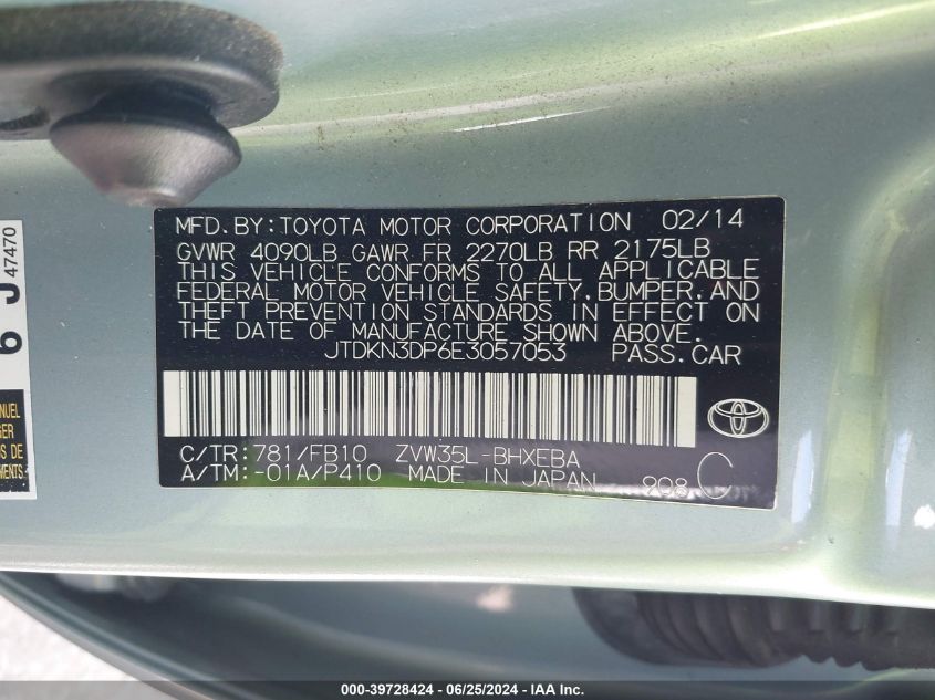 2014 Toyota Prius Plug-In VIN: JTDKN3DP6E3057053 Lot: 39728424
