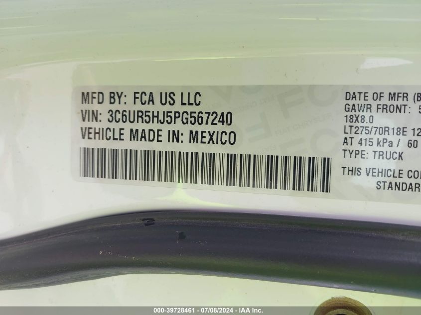 2023 Ram 2500 Tradesman 4X4 8' Box VIN: 3C6UR5HJ5PG567240 Lot: 39728461