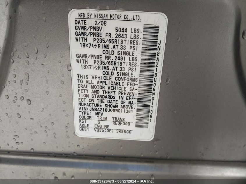 2009 Nissan Murano S VIN: JN8AZ18U09W011361 Lot: 39728473