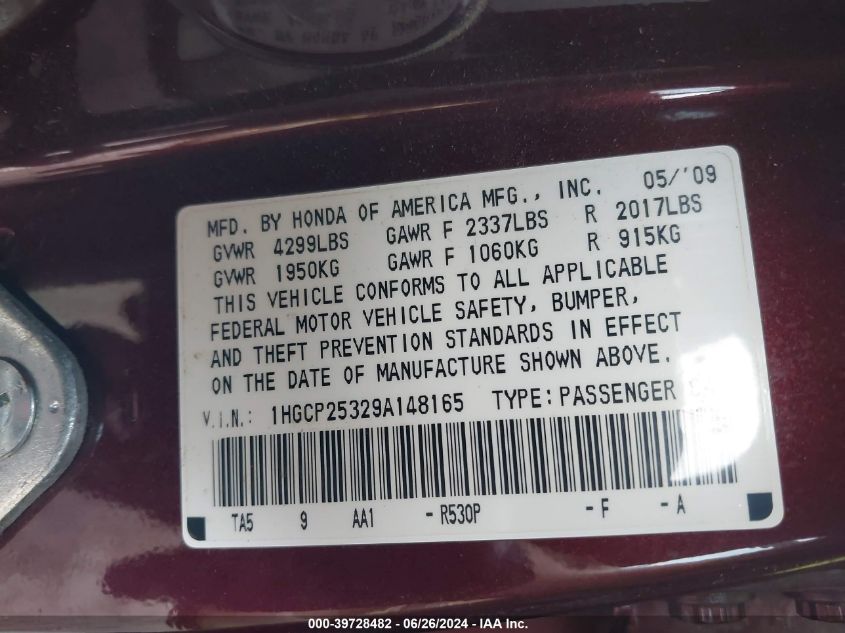 2009 Honda Accord 2.4 Lx VIN: 1HGCP25329A148165 Lot: 39728482