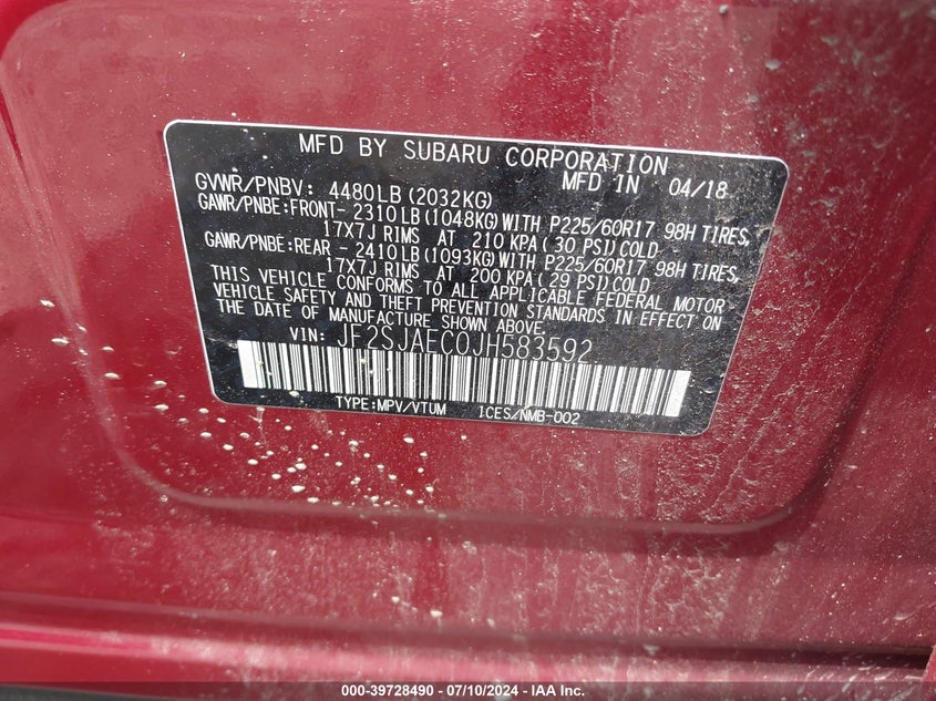 2018 Subaru Forester 2.5I Premium VIN: JF2SJAEC0JH583592 Lot: 39728490
