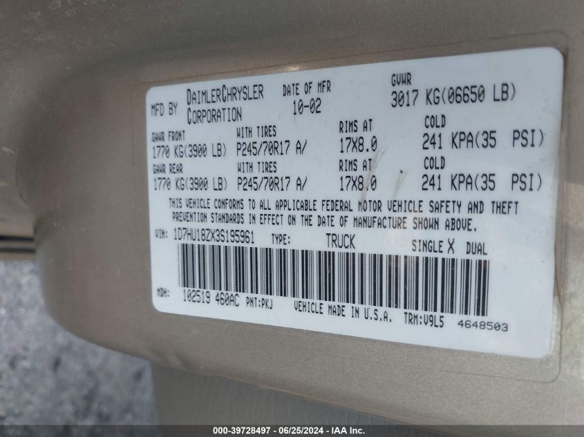 2003 Dodge Ram 1500 St/Slt VIN: 1D7HU18ZX3S195961 Lot: 39728497