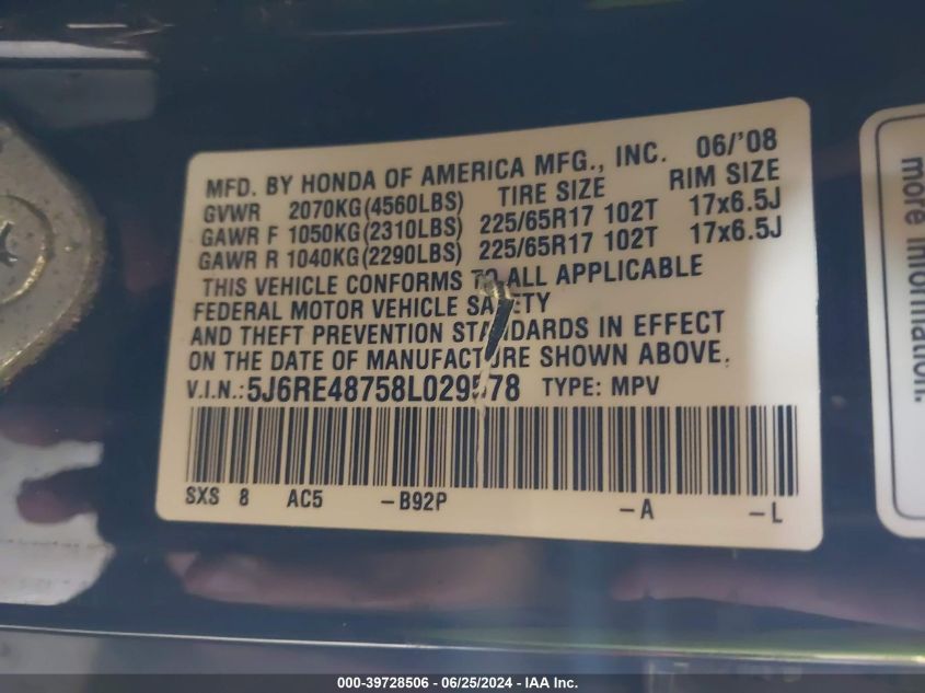 2008 Honda Cr-V Ex-L VIN: 5J6RE48758L029578 Lot: 39728506