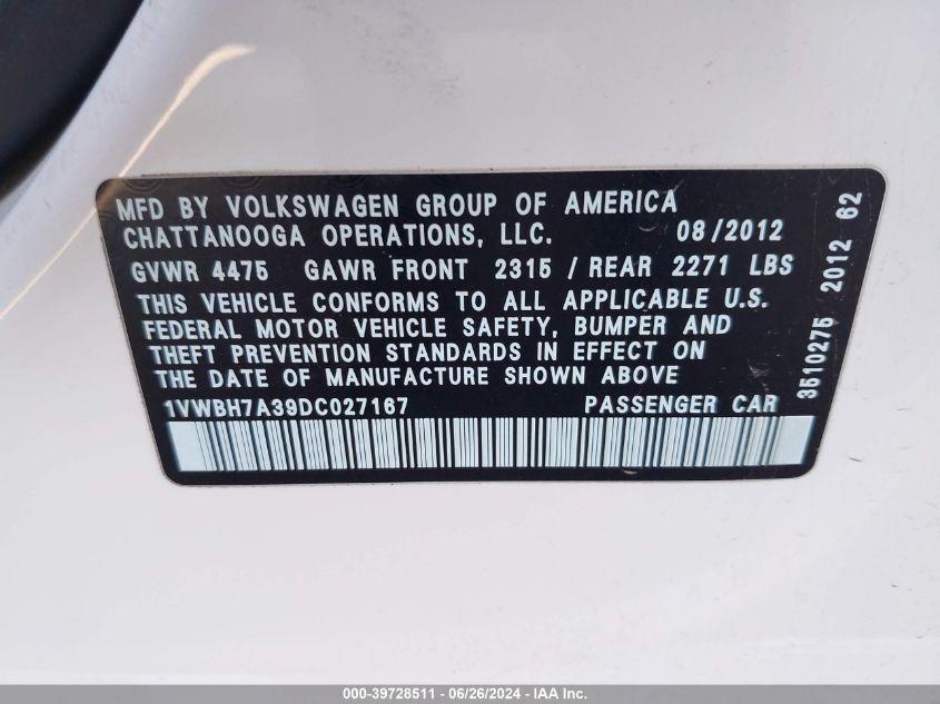 2013 Volkswagen Passat Se VIN: 1VWBH7A39DC027167 Lot: 39728511