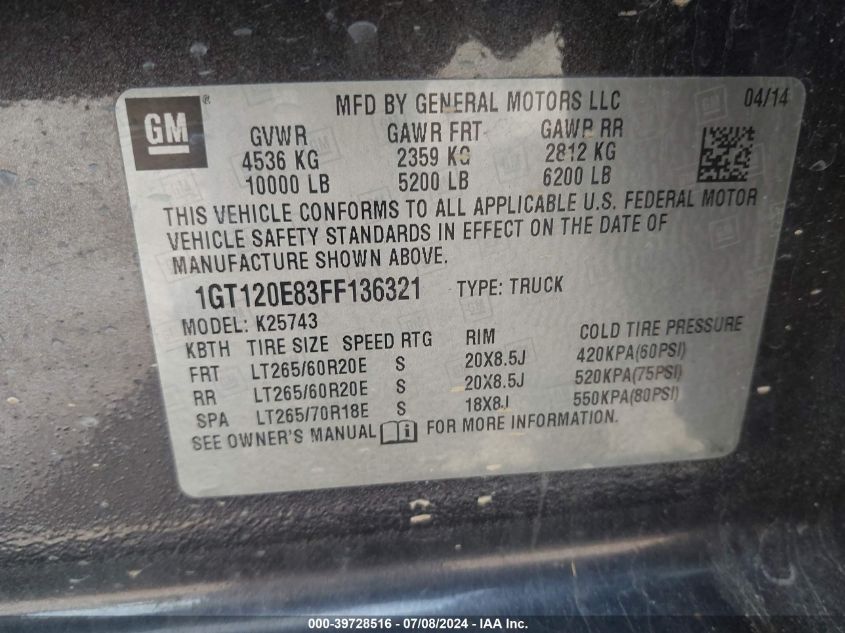 2015 GMC Sierra K2500 Denali VIN: 1GT120E83FF136321 Lot: 39728516