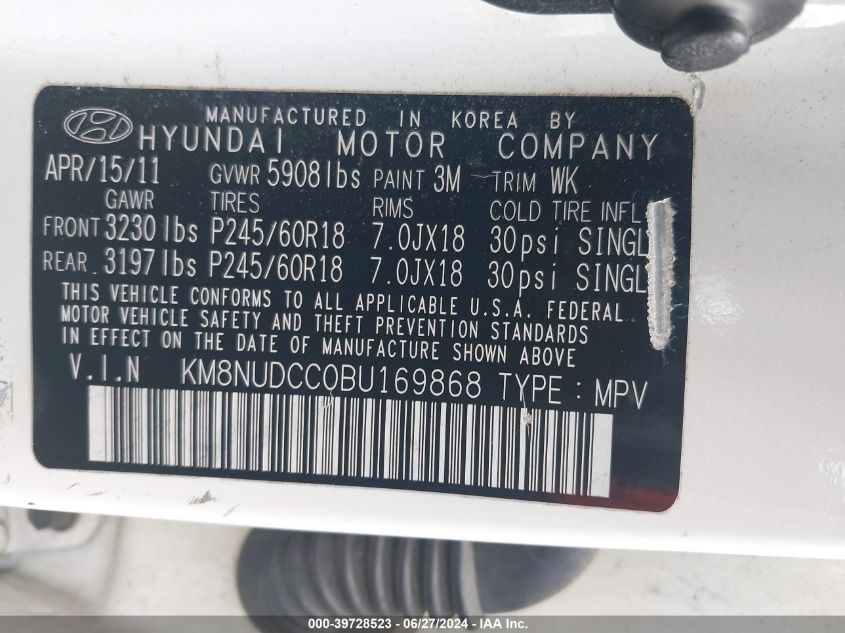 2011 Hyundai Veracruz Limited VIN: KM8NUDCC0BU169868 Lot: 39728523