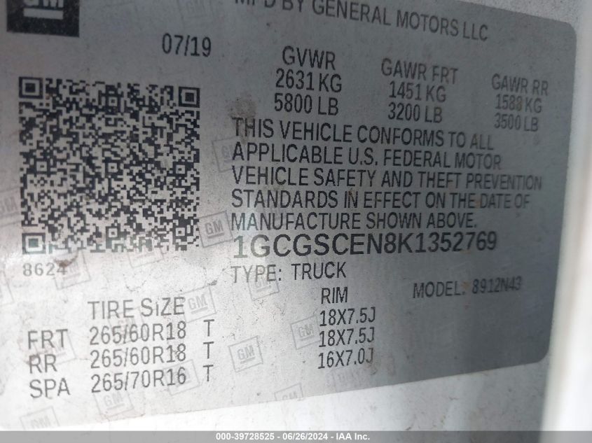 2019 Chevrolet Colorado Lt VIN: 1GCGSCEN8K1352769 Lot: 39728525