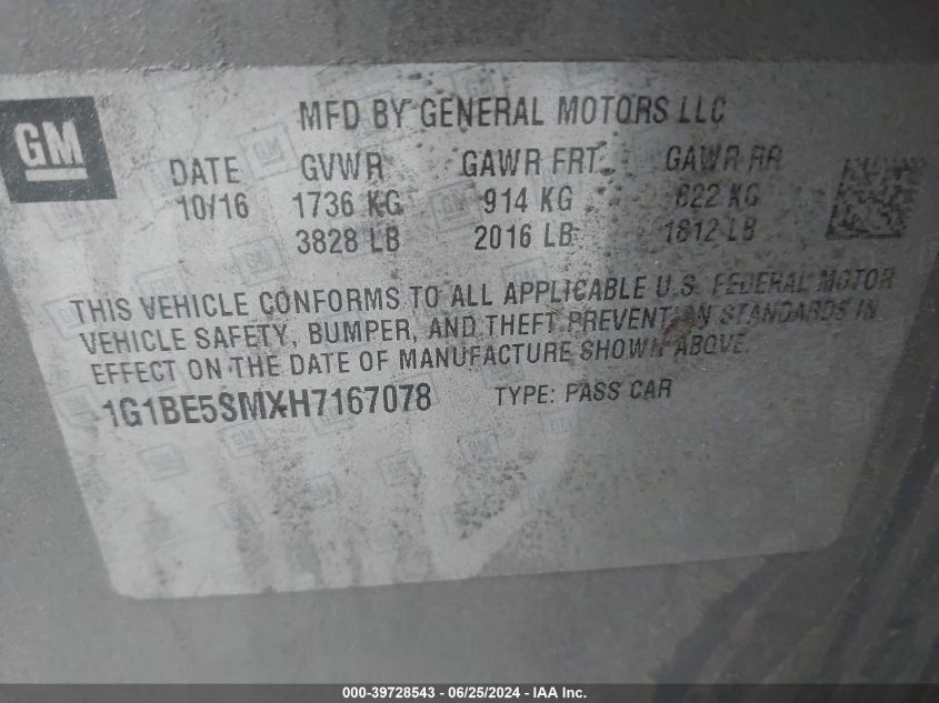 2017 Chevrolet Cruze Lt VIN: 1G1BE5SMXH7167078 Lot: 39728543