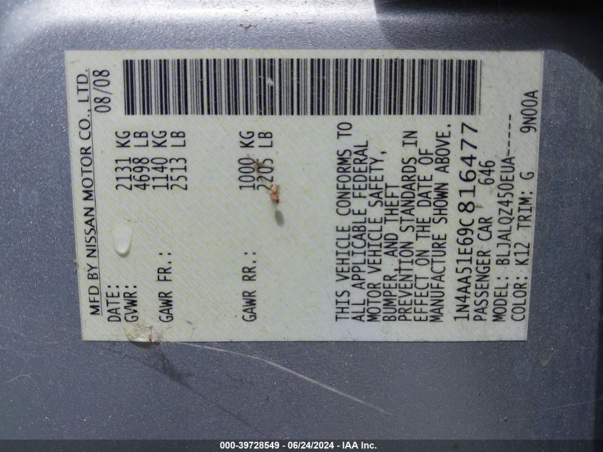 2009 Nissan Maxima 3.5 S VIN: 1N4AA51E69C816477 Lot: 39728549