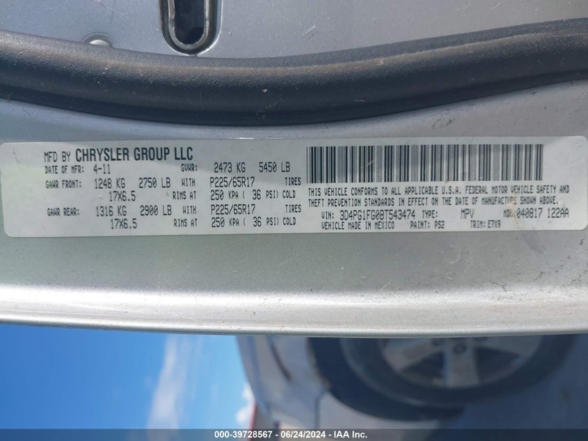 2011 Dodge Journey Mainstreet VIN: 3D4PG1FG0BT543474 Lot: 39728567