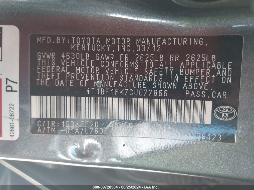 2012 Toyota Camry Se VIN: 4T1BF1FK7CU077866 Lot: 39728584