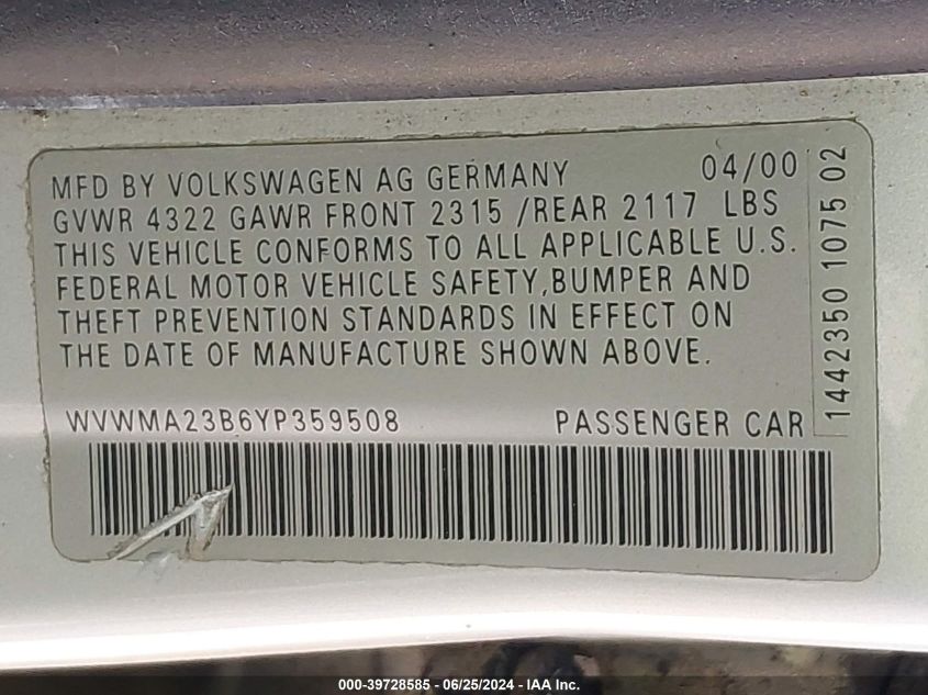2000 Volkswagen Passat Gls VIN: WVWMA23B6YP359508 Lot: 39728585
