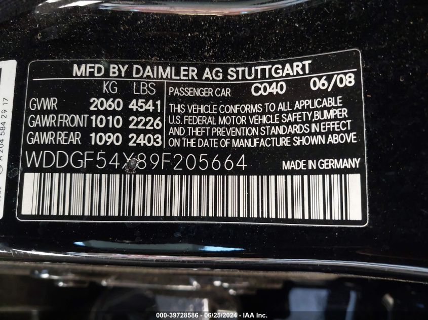 2009 Mercedes-Benz C 300 300 VIN: WDDGF54X89F205664 Lot: 39728586