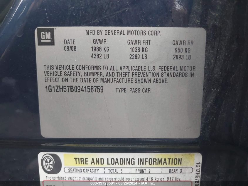 2009 Chevrolet Malibu Lt VIN: 1G1ZH57B094158759 Lot: 39728591