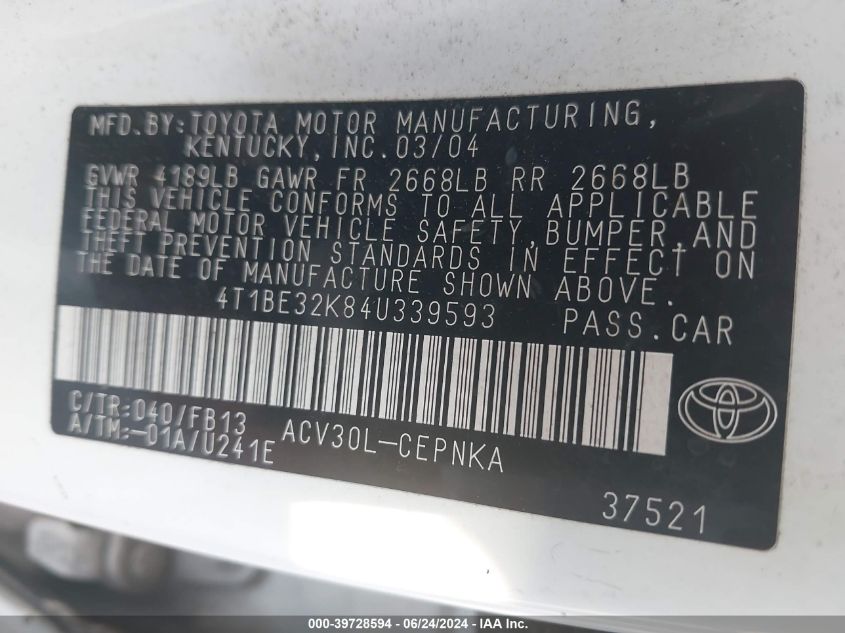 2004 Toyota Camry Le VIN: 4T1BE32K84U339593 Lot: 39728594