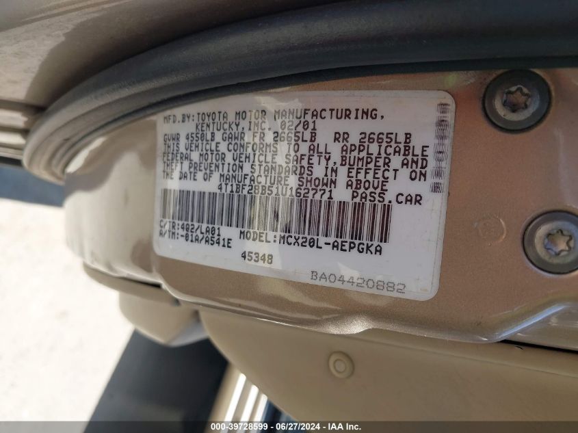 2001 Toyota Avalon Xl/Xls VIN: 4T1BF28B51U162771 Lot: 39728599