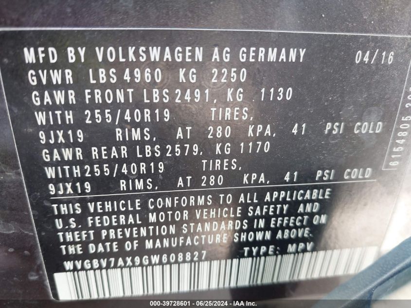 2016 Volkswagen Tiguan Sel VIN: WVGBV7AX9GW608827 Lot: 39728601