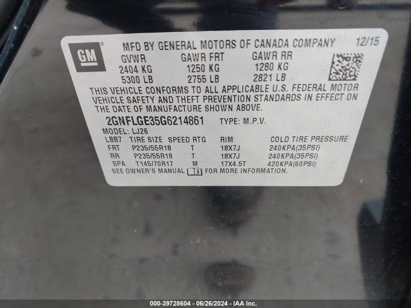 2GNFLGE35G6214861 2016 Chevrolet Equinox Ltz