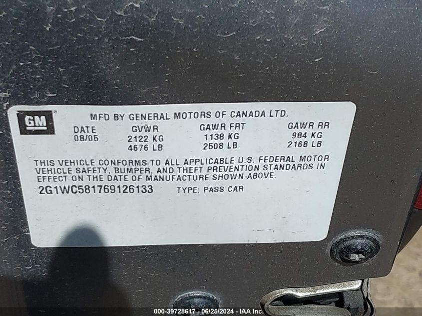 2006 Chevrolet Impala Lt VIN: 2G1WC581769126133 Lot: 39728617