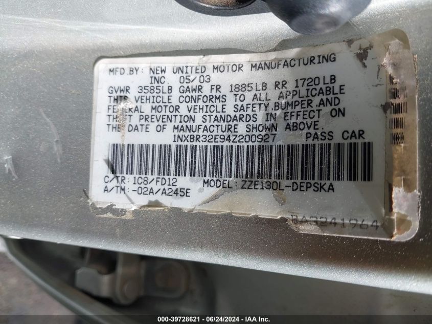 2004 Toyota Corolla S VIN: 1NXBR32E94Z200927 Lot: 39728621