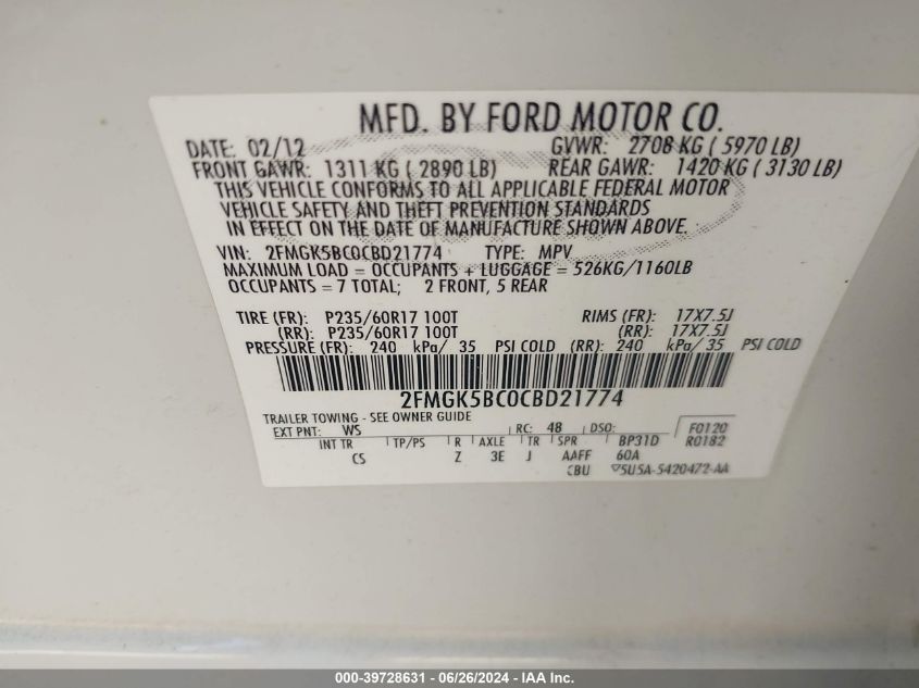 2012 Ford Flex Se VIN: 2FMGK5BC0CBD21774 Lot: 39728631