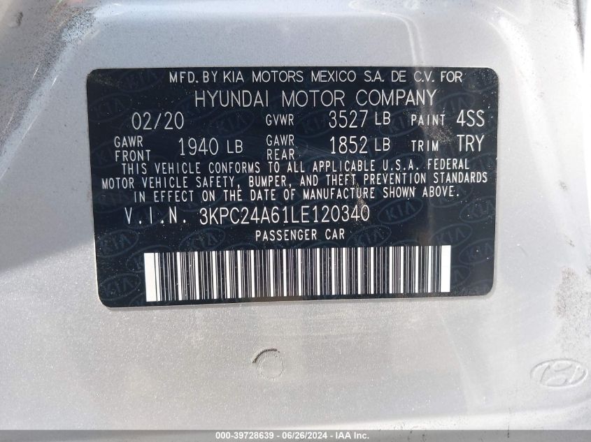 2020 Hyundai Accent Sel VIN: 3KPC24A61LE120340 Lot: 39728639