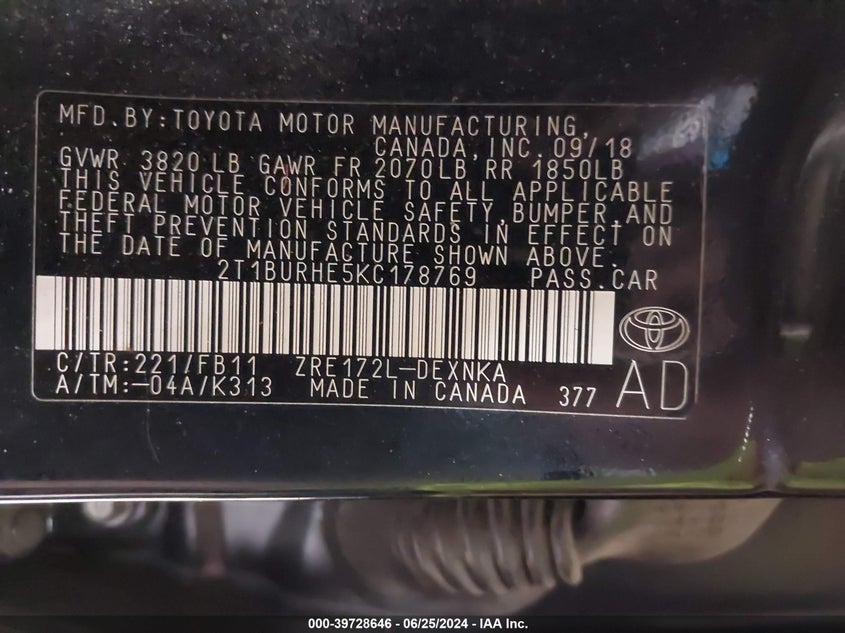 VIN 2T1BURHE5KC178769 2019 TOYOTA COROLLA LE