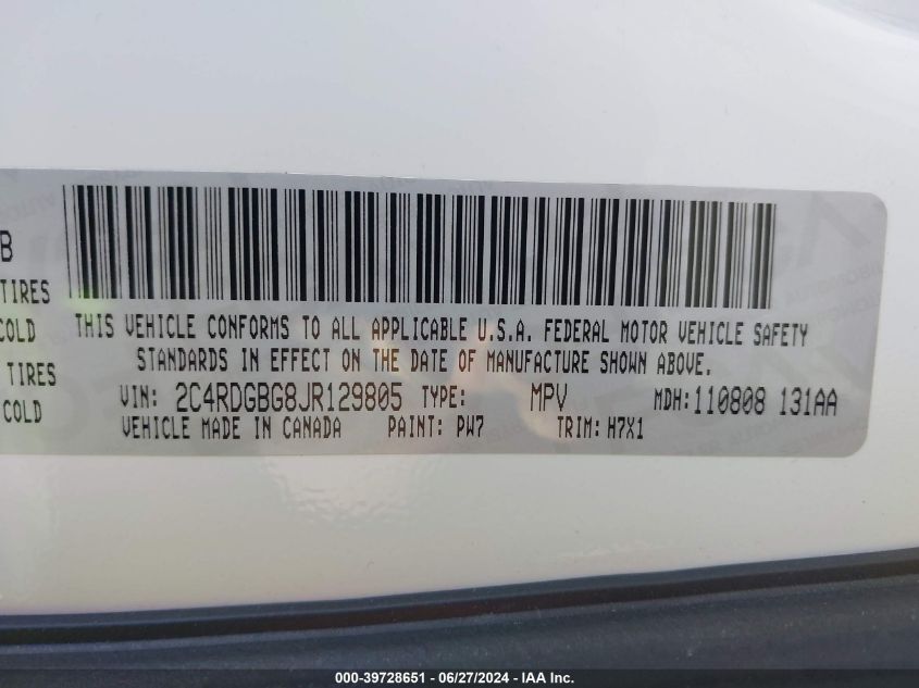 2018 Dodge Grand Caravan Se VIN: 2C4RDGBG8JR129805 Lot: 39728651