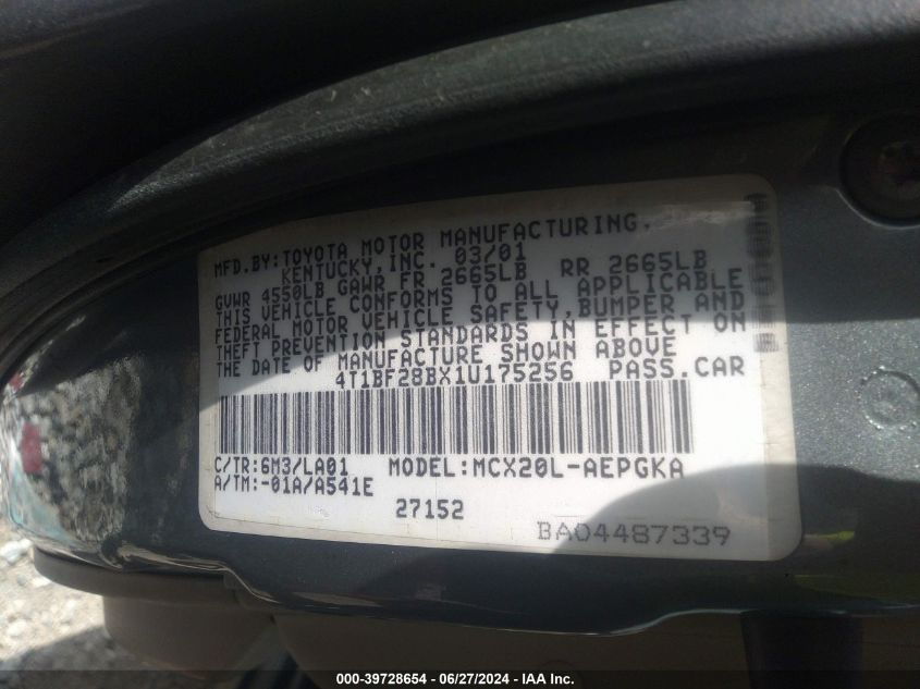 2001 Toyota Avalon Xl/Xls VIN: 4T1BF28BX1U175256 Lot: 39728654