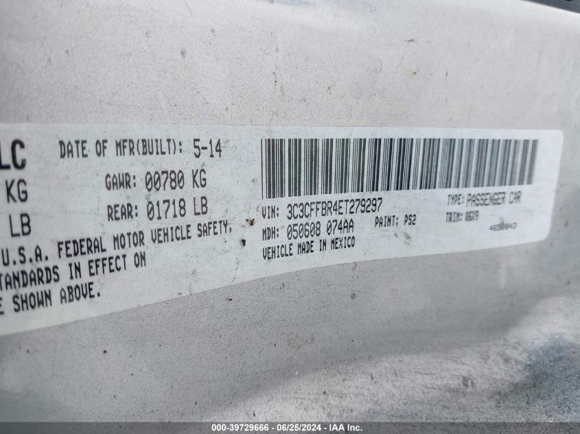 2014 Fiat 500 Sport VIN: 3C3CFFBR4ET279297 Lot: 39729666