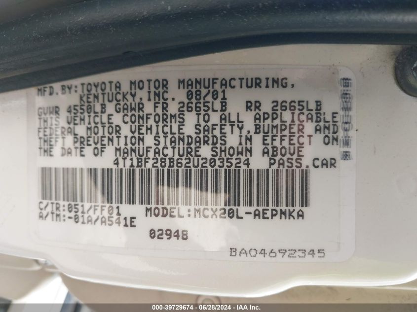 2002 Toyota Avalon Xl VIN: 4T1BF28B62U203524 Lot: 39729674