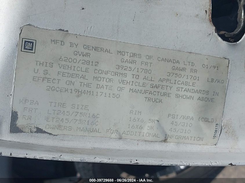 1991 Chevrolet Gmt-400 K1500 VIN: 2GCEK19H4M1171150 Lot: 39729688