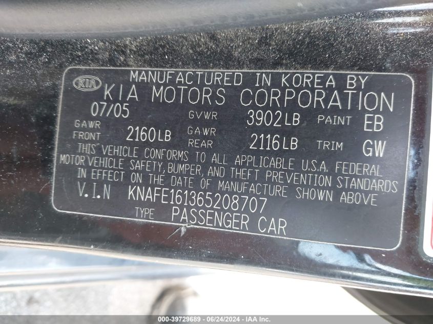 2006 Kia Spectra5 VIN: KNAFE161365208707 Lot: 39729689