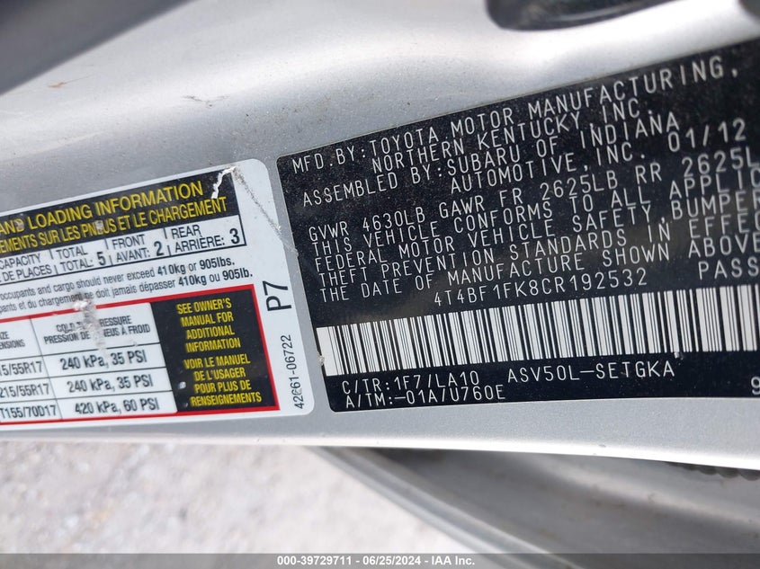 2012 Toyota Camry Xle VIN: 4T4BF1FK8CR192532 Lot: 39729711