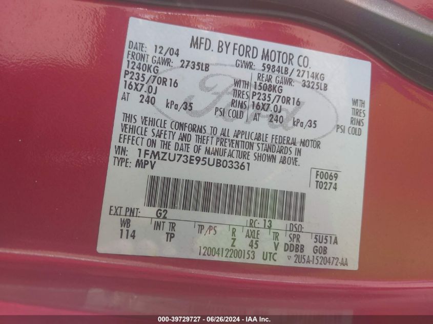 2005 Ford Explorer Xlt/Xlt Sport/Nbx VIN: 1FMZU73E95UB03361 Lot: 39729727