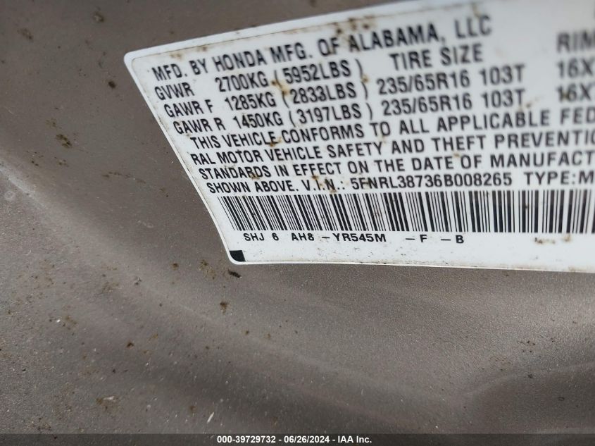 2006 Honda Odyssey Ex-L VIN: 5FNRL38736B008265 Lot: 39729732