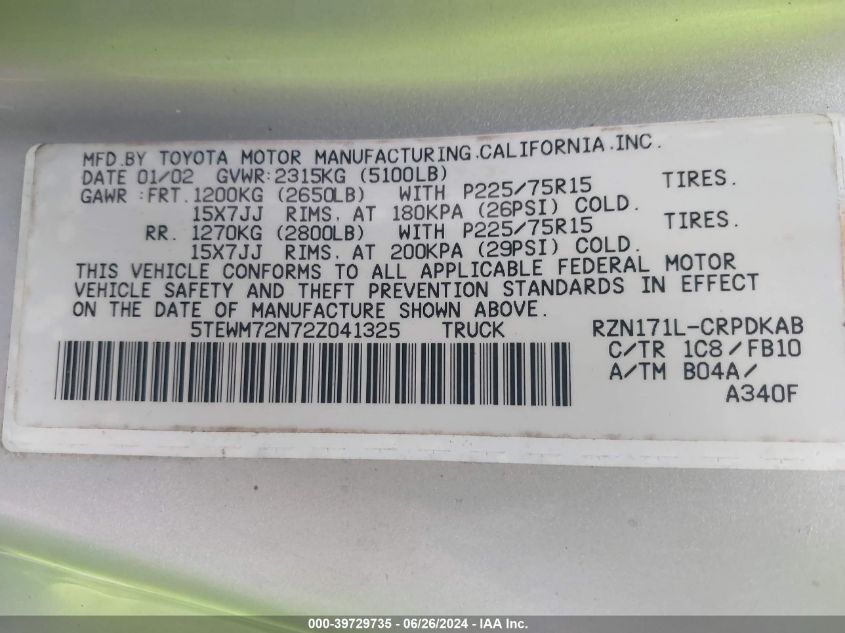2002 Toyota Tacoma Xtracab VIN: 5TEWM72N72Z041325 Lot: 39729735
