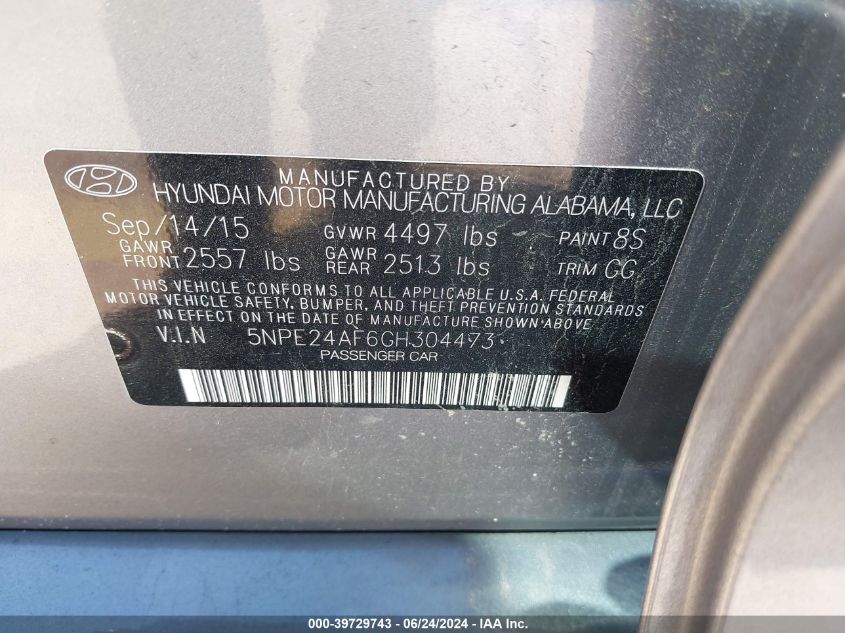 5NPE24AF6GH304473 | 2016 HYUNDAI SONATA