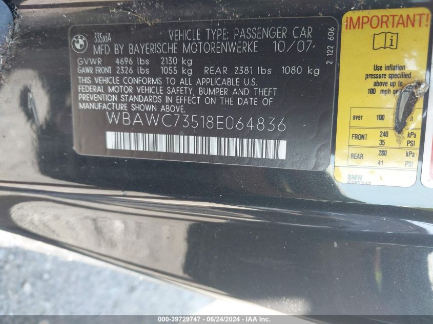 2008 BMW 335Xi VIN: WBAWC73518E064836 Lot: 39729747